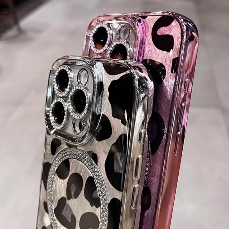 For iPhone 16 Pro Max Luxury Plating Magsafe Magnetic Flash Diamond Leopard Print Phone Case For iPhone 13 14 15 Plus Lens Cover