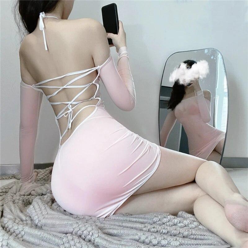 Mini rochie scobită Micro MINI Bandaj uniformă netedă sexy rochie de servitoare mini rochie fără spate Rochie erotică fantezie