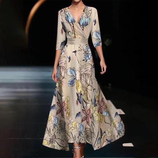 Fall Spring Maxi Dress Cross V Neck Three Quarter Sleeves Colorful Print A-line Big Swing Slim Waist Dating Shopping Banquet Long Dress
