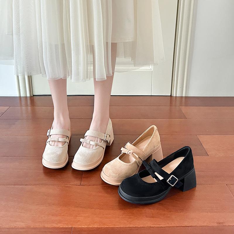 New High-heeled Mary Jane Shoes Women's Retro Bow High-heeled Shoes Round Head Shallow Mouth One-word Buckle Belt Thick-heeled Single Shoes Women