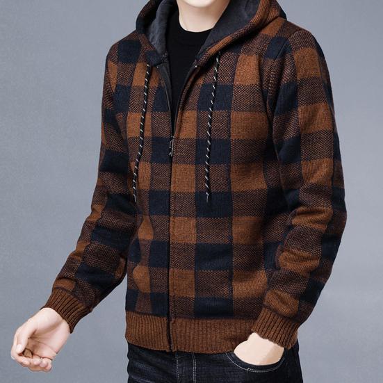 Men Jacket Plaid Pattern Breathable Polyester Sweater Hoodie for Winter