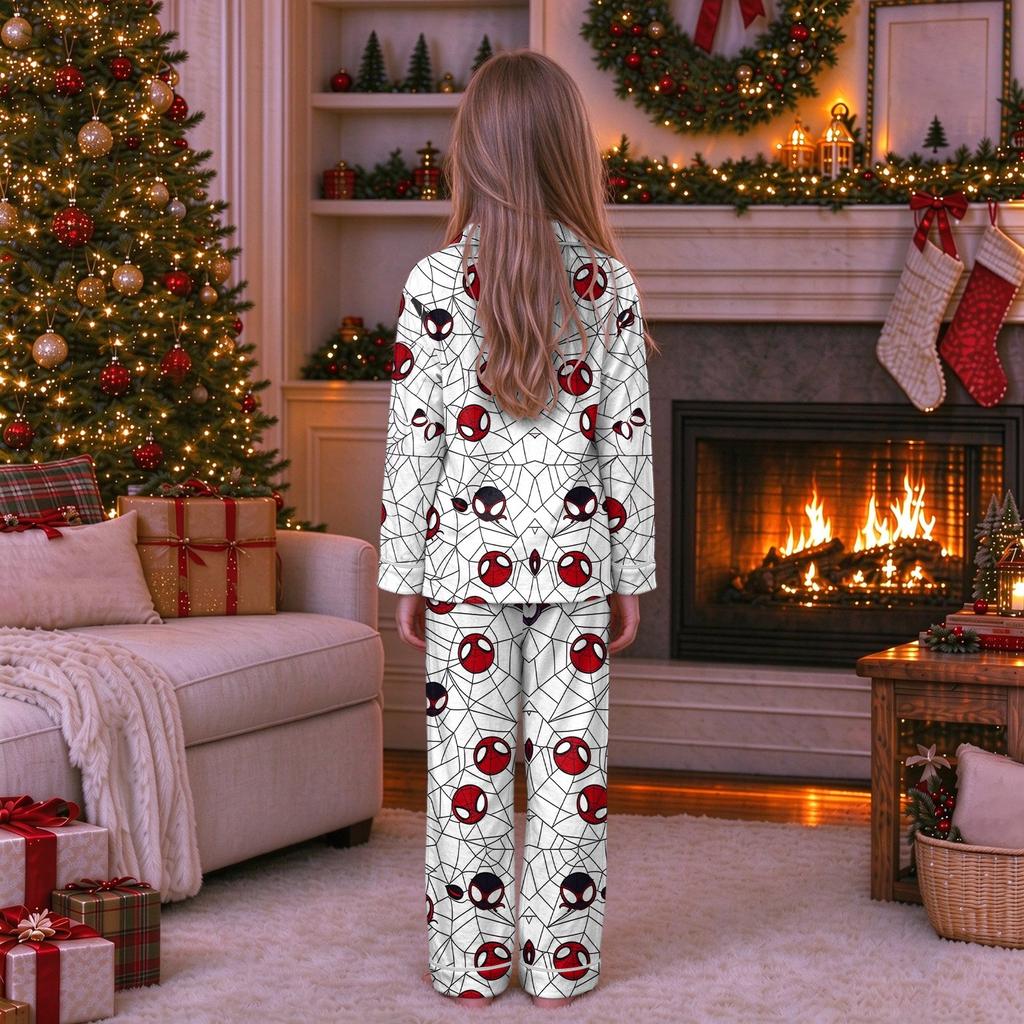 Christmas Parent-Child Matching Outfit with Stand Collar, Button Front and Festive Print