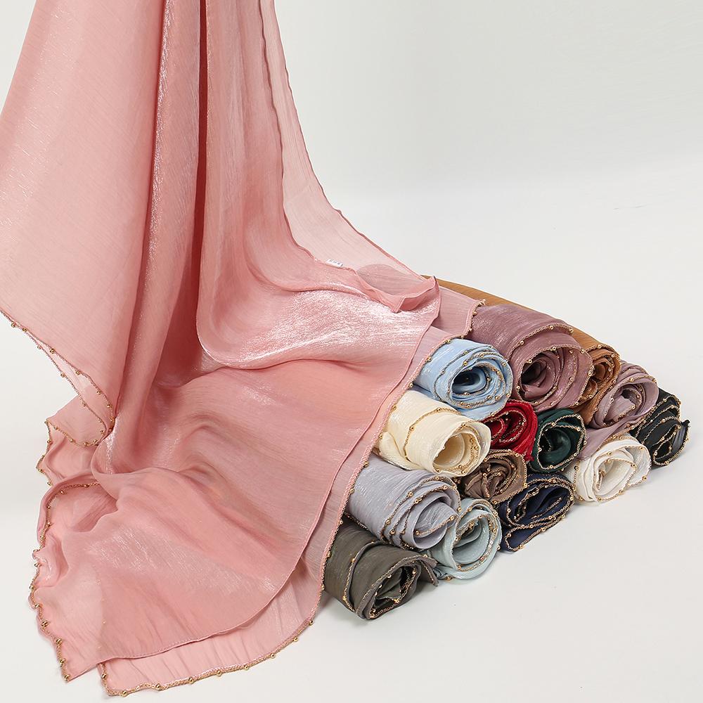 New Beading Silk Crinkle Hijab Scarf Women Shimmer Shawls Plain Muslim Women Hijabs Islam Turban Pleated Scarf Ramadan
