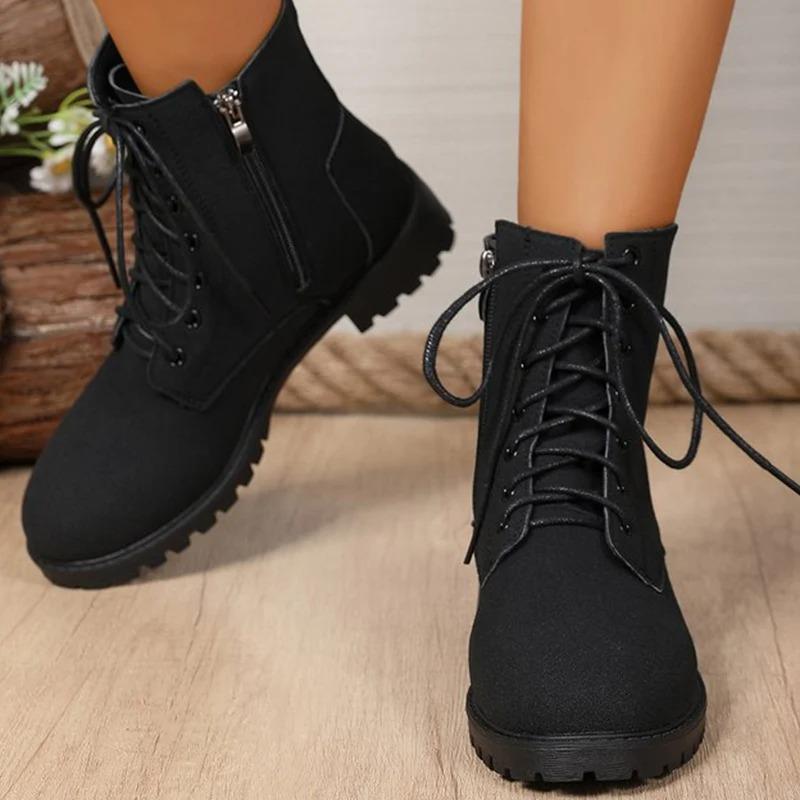 Retro Solid Zip Ankle Boots for Women Autumn Winter Square Heel Lace-Up Women\'s Boots Plus Size Round Toe Shoes of Woman