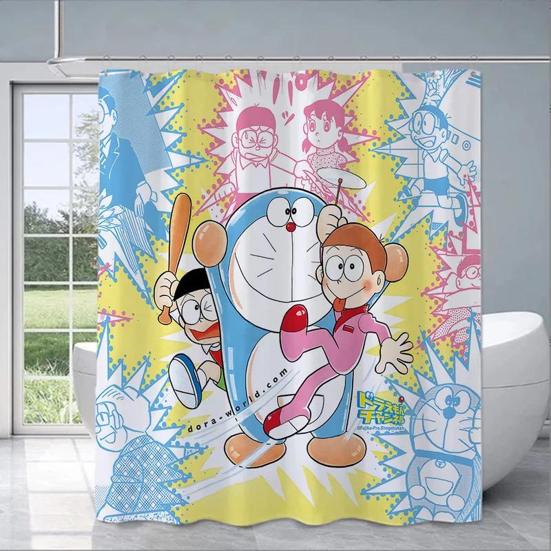 PO01 Lovely Cartoon D-Doraemons Shower Curtain Waterproof Polyester Fabric Bath Curtains Home Bathroom Decor Curtain With Hook