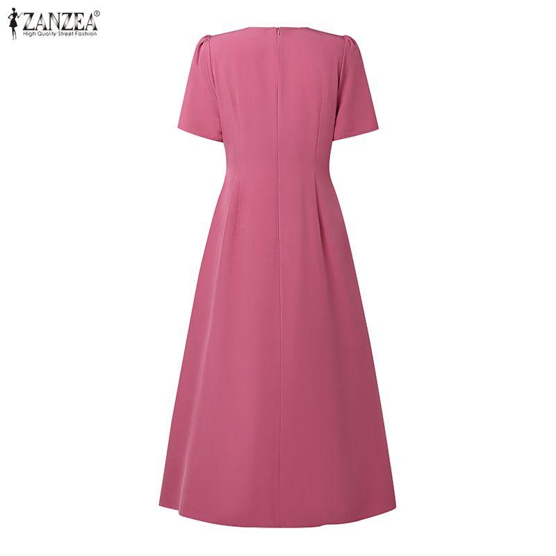 ZANZEA Women Casual V-Neck Summer Short Sleeve Loose Long Dress