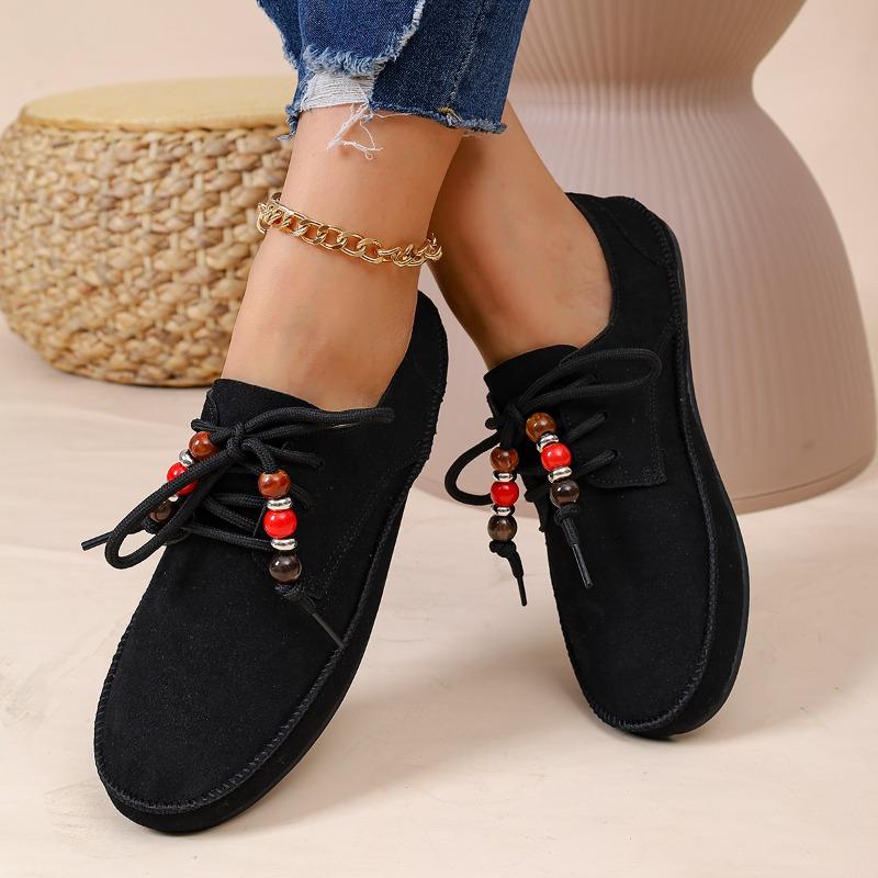 Fashion Women's Single Shoes Round Toe Suede Front Lace-Up Car Stitch Soft Sole Anti-Slip Wear-Resistant Low Heel Shoes