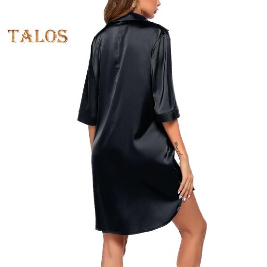 Damen Sommer Nachthemd Halbarm Hemdtyp Revers Einreihig Locker Einfarbig Satin Locker Geteilter Saum Homewear Schlafkleid Nachtwäsche