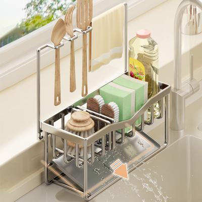 Kitchen Sink Caddy Stainless Steel Brush Holder with Sponge And Adjustable Divider Auto Drain Tray Countertop