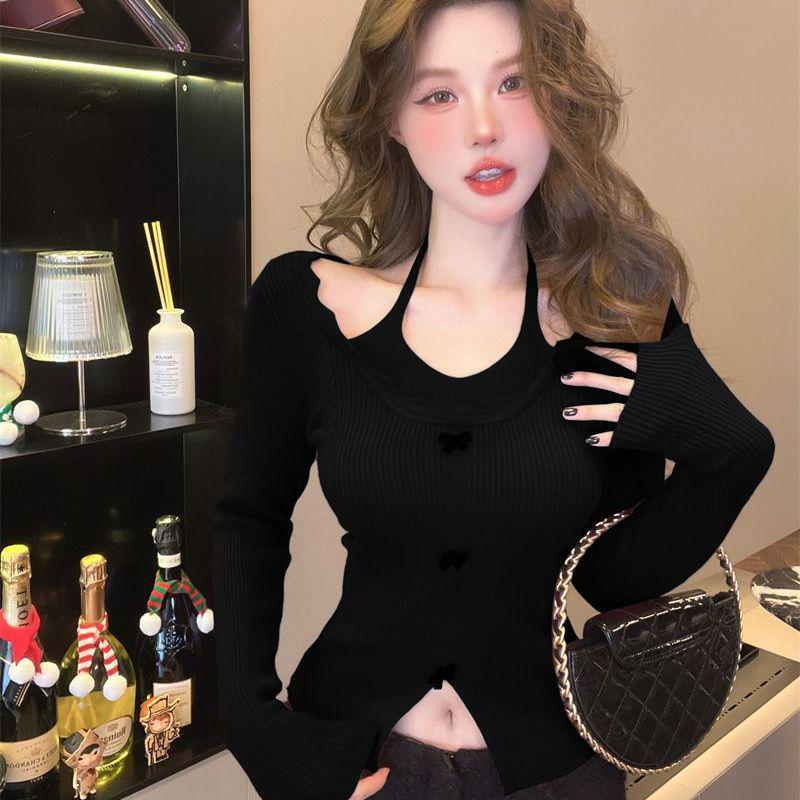 Schicker roter schulterfreier Neckholder-Strickpullover für Damen