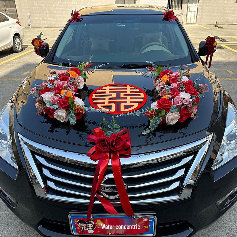 

Pink & Orange Wedding Car Head Flower Decoration Set with Ribbon and Suction Cup