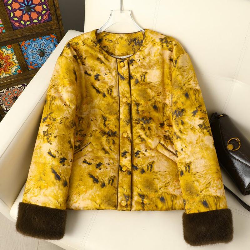

Women s Warm Cotton-Padded Jacket: Winter Round Neck Loose Fit, Chinese National Style 4XL (Suitable for 135-145 jin) жовтий