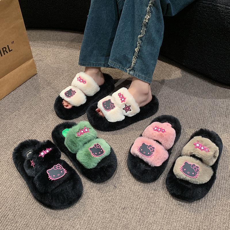 Internet Celebrities One Word Warm Thick Bottom Heightening Fluffy Slippers Women Wear 2025 New Autumn and Winter Super Fire Non-slip Cotton Slippers