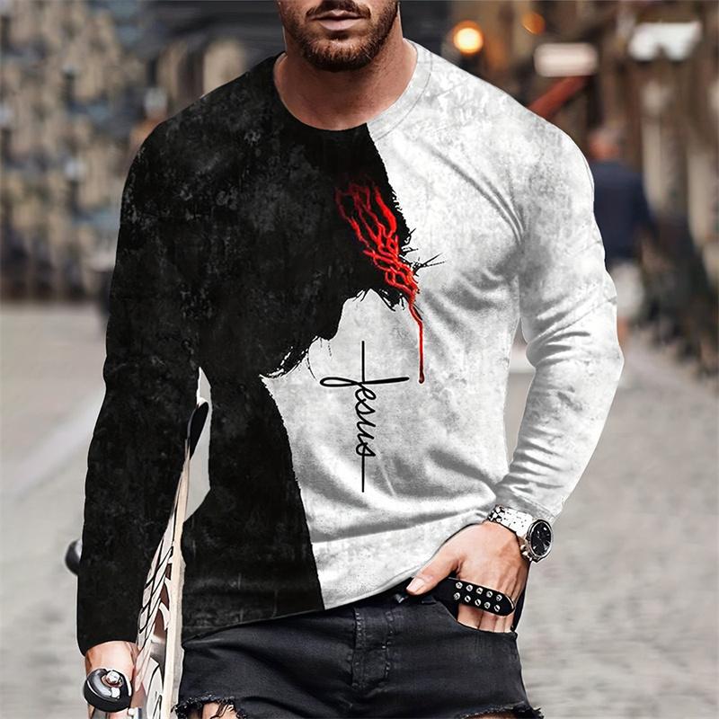 Cross Wings Pattern T-Shirt For Men Jesus Christ 3D Printed T Shirts Autumn Casual Long Sleeves Oversized Round Neck Tops Tees
