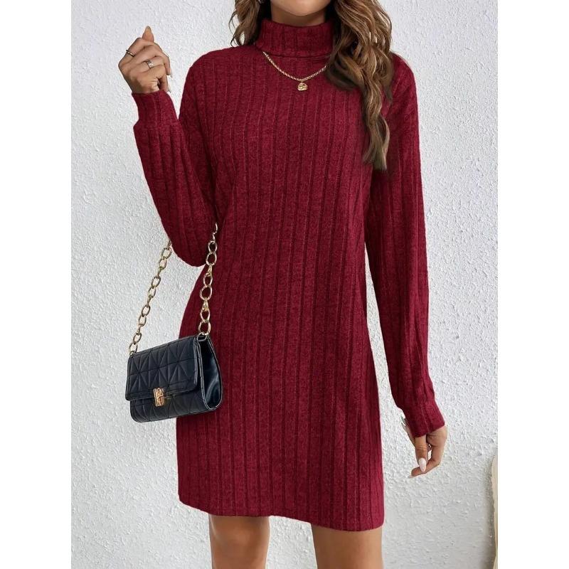 Women S Casual Solid High Neck Long Sleeve Knit Dress