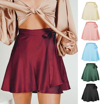 Summer Satin Wrap Skirt Womens Solid Color Mini High Waist Skirts  New  Fashion One-piece Lace Short Skirt