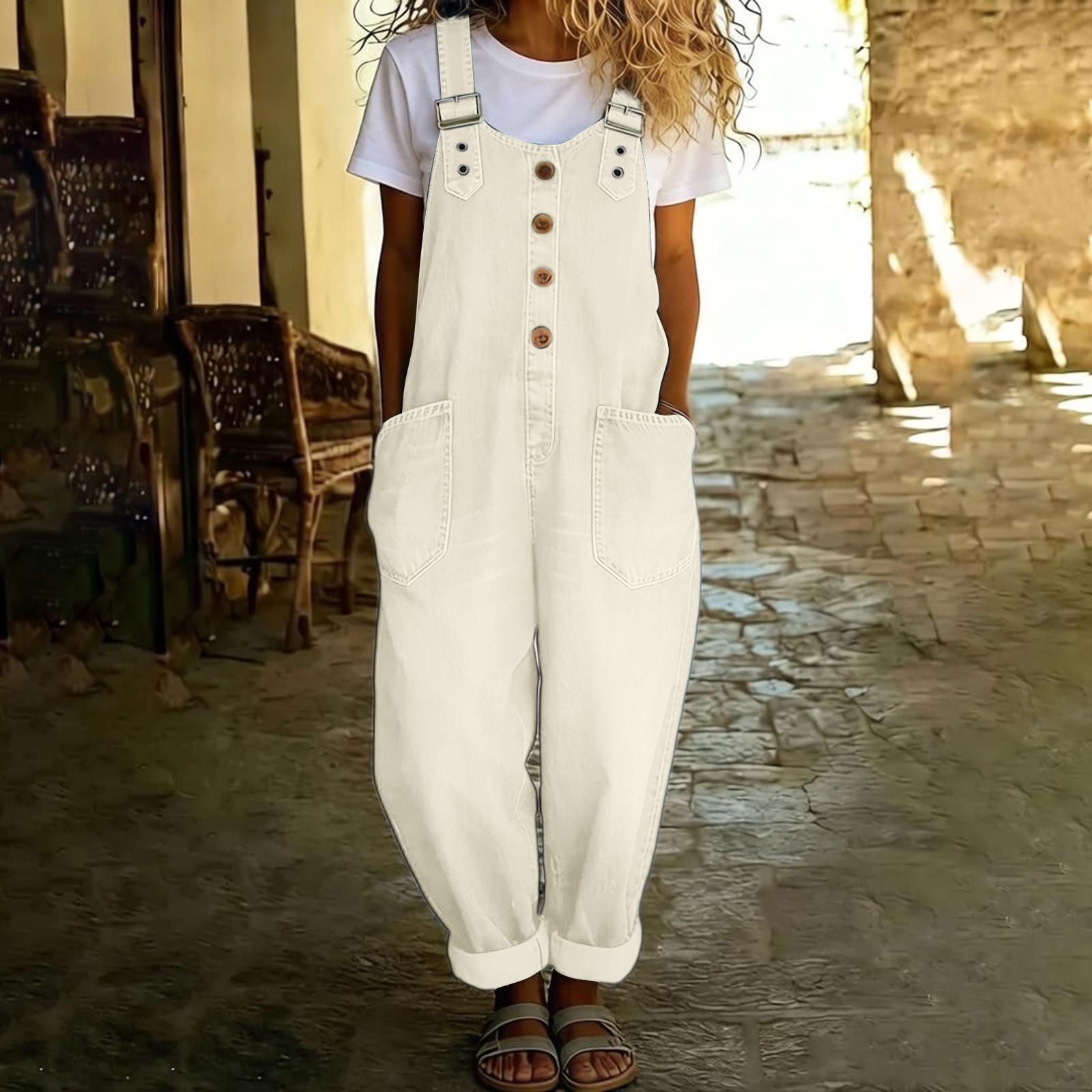 Модный женский ретро свободный повседневный джинсовый комбинезон S белый