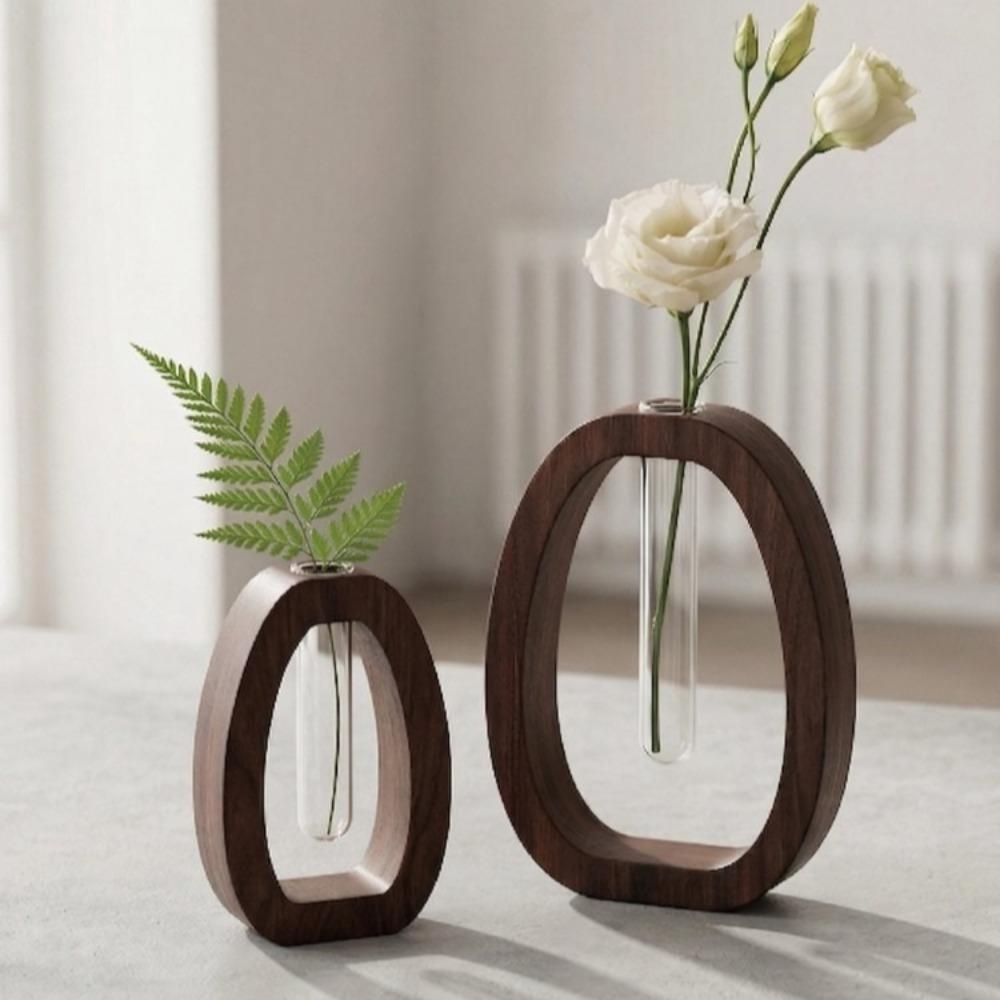 Vintage Wooden Small Vase Creative Hydroponic Flower Planter Living Room Desktop Home Decoration Flower Vase Solid Wood Ornament
