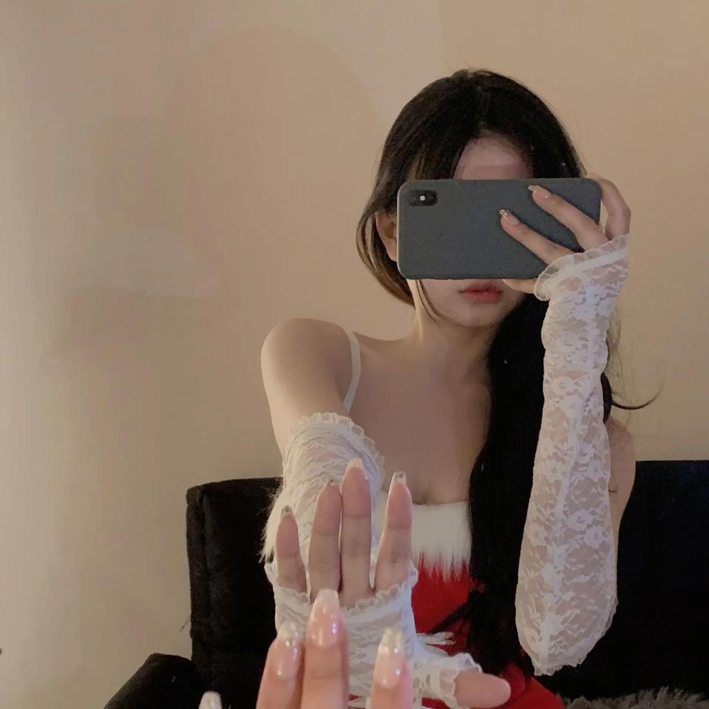 Siatkowe rękawiczki z kokardą z siateczki dla kobiet, koronkowe, falbaniaste, bezpalcowe, rękawiczki, Lolita, Kawaii, białe, ochrona UV