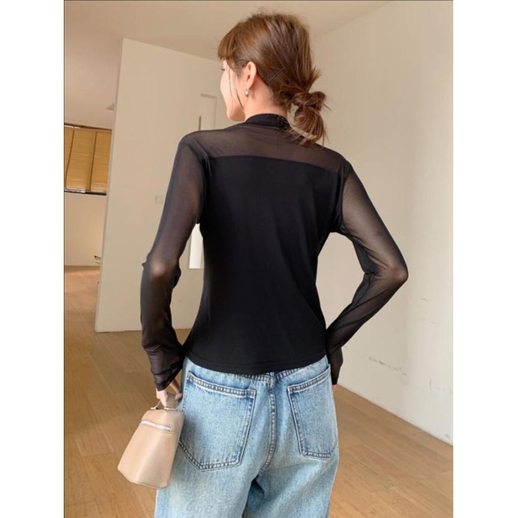 Volen Sheer Long Sexy Solid Fall Women's Top, Sleeve, See-Through Blouse, Cut-and-Sew, Color, Thin, Half-High Neck, Stretch, Spring, Summer,