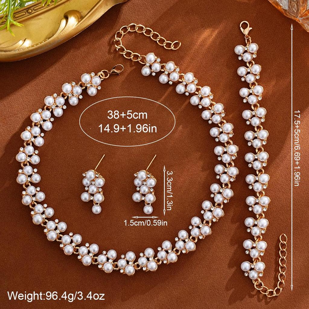 Luxurious Geometric Rhinestone Pearl Jewelry Set: Necklace, Bracelet, Earrings