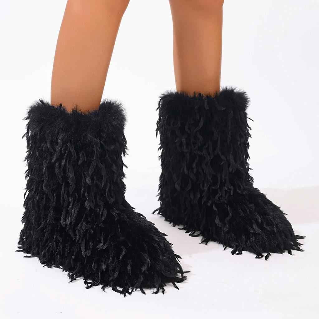 Furry Faux Fur Boots for Women Fuzzy Fluffy Mid Calf Snow Boots Winter Suede Warm Fur Lined Booties Flat Boots Women's Casual Ankle Booties Shoes