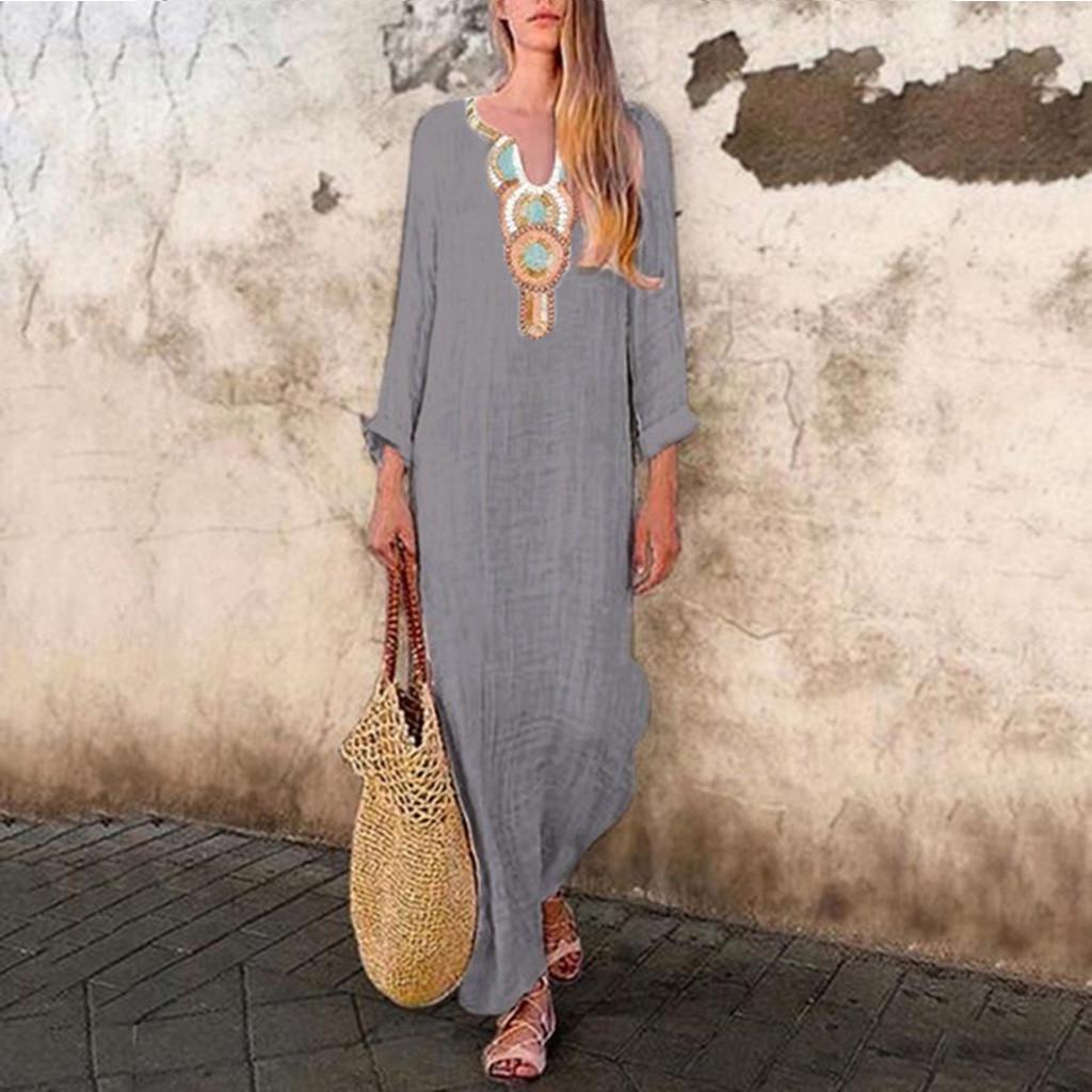 Women’s Printed Long Sleeve U-neck Maxi Dress Split Hem Baggy Kaftan Long Dress