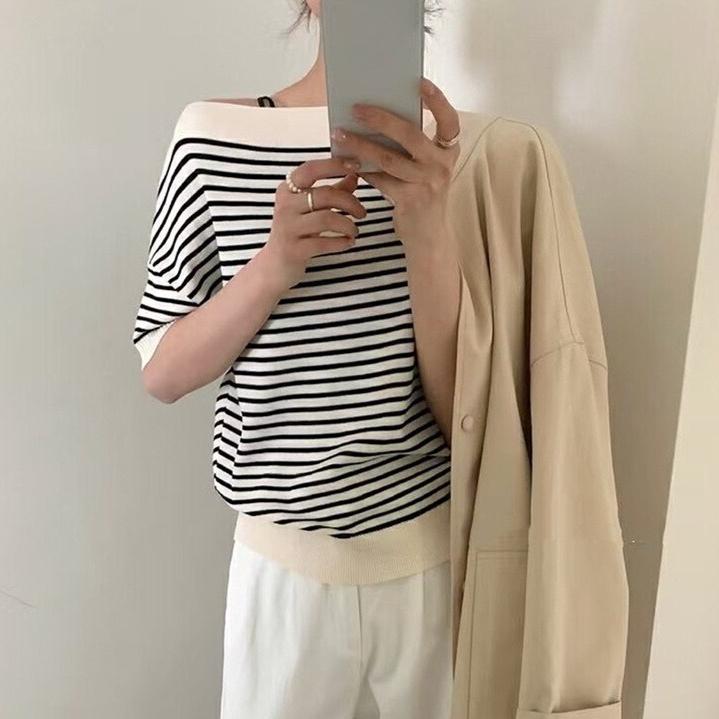 Summer Casual Sweater Women's Slanted Collar Black Stripe Pullover Harajuku Women Short Sleeve Tops Knitwear Trending Sweaters