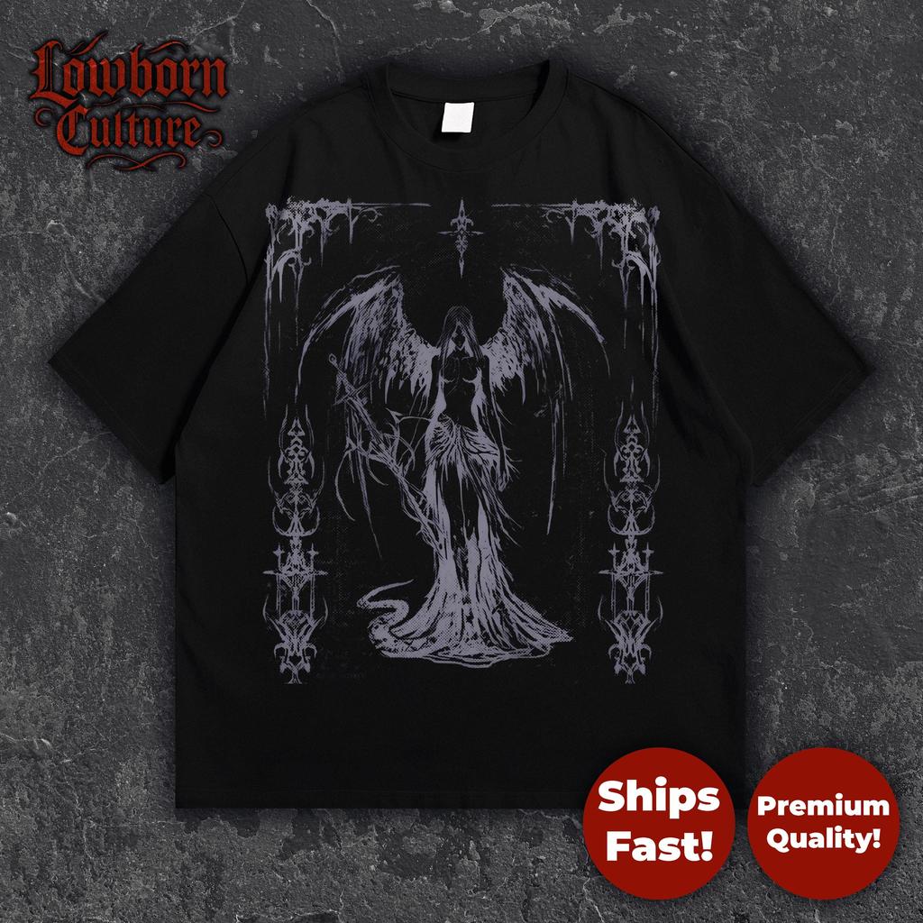 Gothic Angel Wings T-Shirt Dark Streetwear Engraved Lineart Design Black Graphic Tee