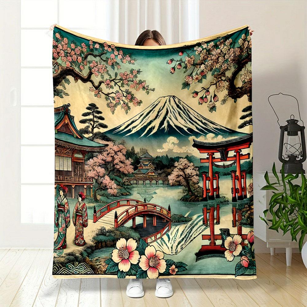 Mount Fuji and Cherry Blossom Scene Patterned Blanket, Flannel, Suitable for All Seasons, Home Decor, Warm and Cozy