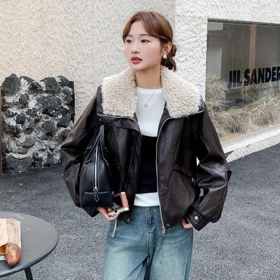 Big Lapel Velvet Leather Jacket Short Jacket for Women's Autumn and Winter New Warm Fashion Kusa Locomotive PU Leather Jacket