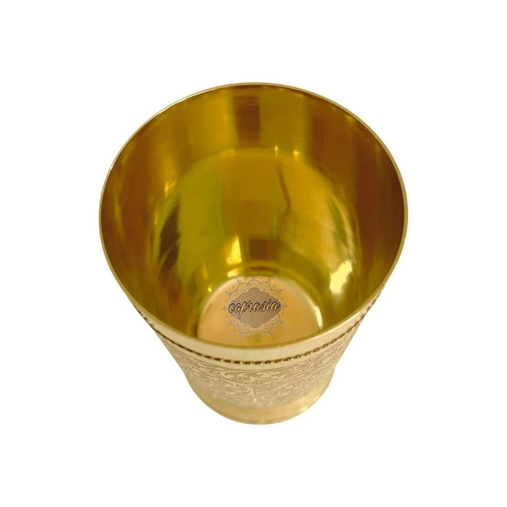 Brass Dining Glass || Drinking Brass Glass || Brass Tumbler with Embosed Design - Capacity 300 ml (Pack of 2 Glasses)
