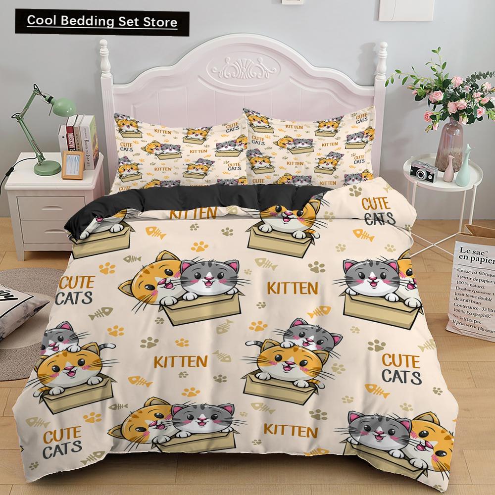 3D Cat King Queen Duvet Cover Cute Cartoon Kitty Bedding Set for Kids Teens Adults Pet Animal White 2/3pcs Polyester Quilt Cover
