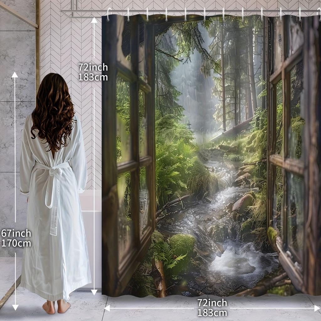 1Pc Shower Curtain - Rustic Window View Into A Lush Forest With A Babbling Brook, Perfect For Bathroom Decoration, Bringing