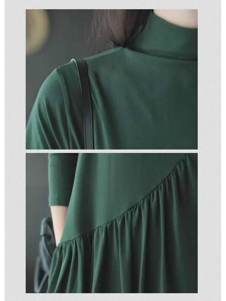 2021 Women's Retro Spring Dresses: Loose Mid-Length, Half-High Collar, Age-Reducing, Stylish & Slim Fit