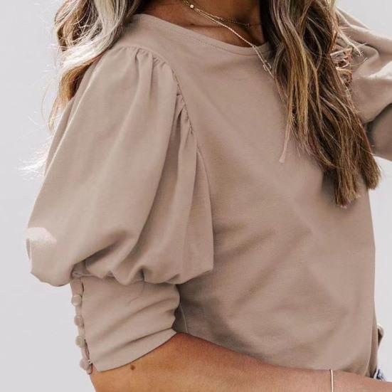 Women Top Round Neck Patchwork Lantern Sleeves Solid Color Loose OL