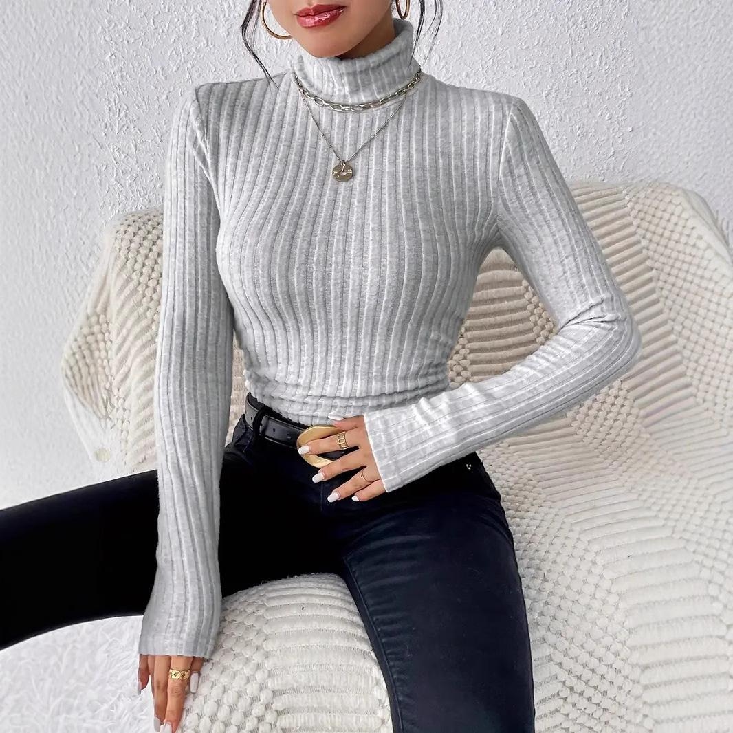 

Women s Autumn and Winter High Collar Solid Color Casual Long-sleeved Brushed Pit Strip Knitted T-shirt Clothes Sale XXL сірий