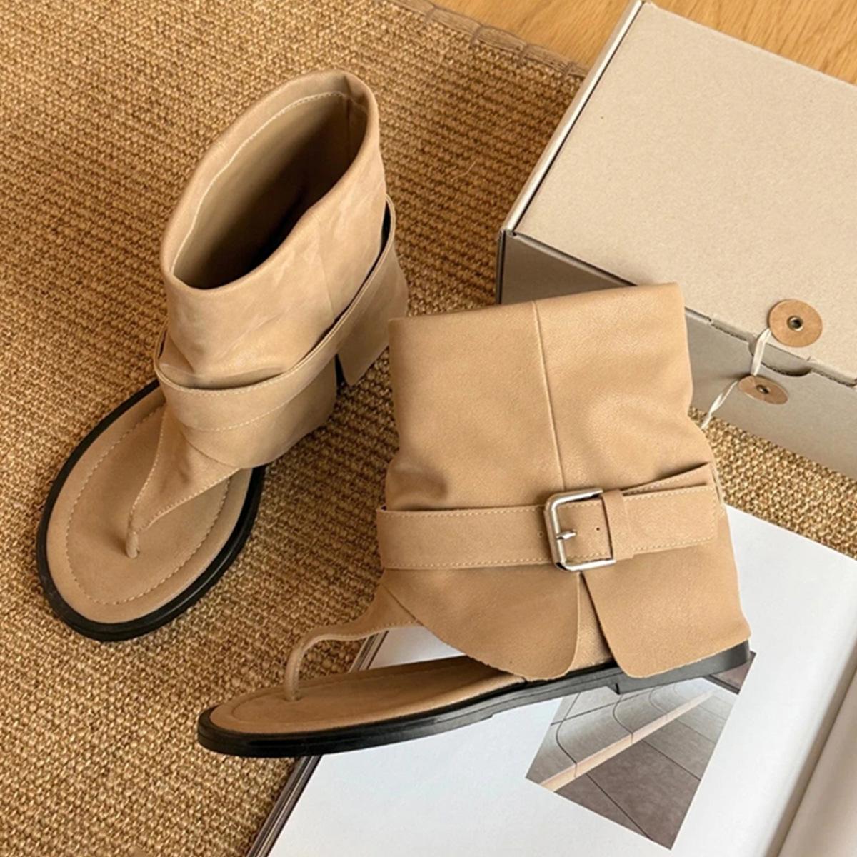 

Summer pinch foot cool boots women s retro sleeve shoes design sense belt buckle Spice girl pant tube boots 35 хаки