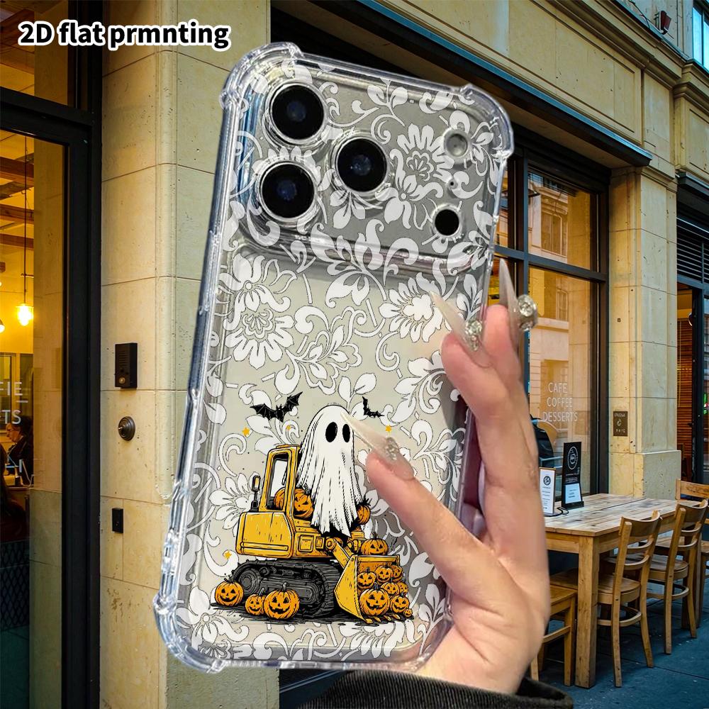 Phone Case: 2D flat suitable for iPhone 18 17 16 15 14 13 Pro, transparent corner protection case, ghost excavator, Christmas and Halloween gifts