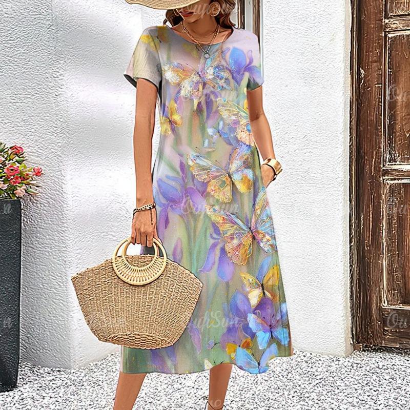 Women's Dresses Elegant Floral Printed Summer Vacation Midi Dresses Feamle Short Sleeve Dress Fashion Oversized Clothes
