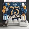Elegant 75th Birthday Backdrop, Sophisticated Navy Blue and Gold Design with Balloons and Gifts, Festive Milestone Party Wall Decor