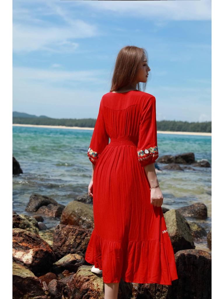 Women's White Embroidered Ethnic Summer Beach Dress with Big Swing Skirt