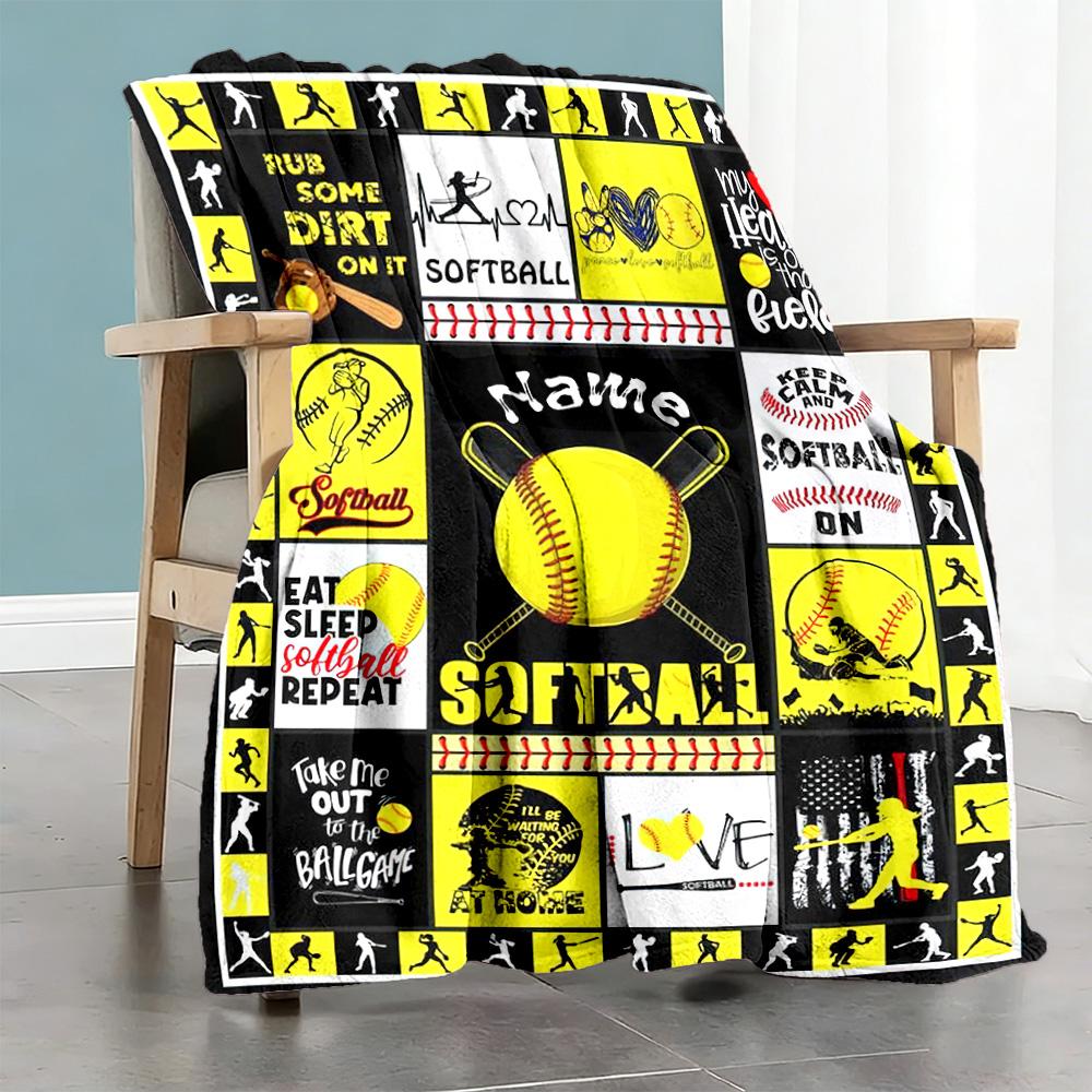 Yellow Softball Style Customize Text Blanket Lightweight Customizable Blanket Comfortable Perfect for Nap Couch Home Decor Office Chair