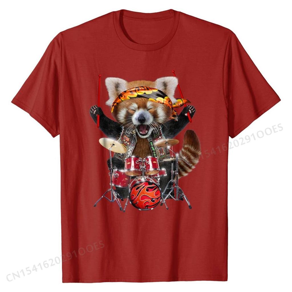 Punk Red Panda Play Drum In Heavy Metal Band - T-Shirt Europe Top T-shirts for Men Cotton Tops & Tees Personalized Classic