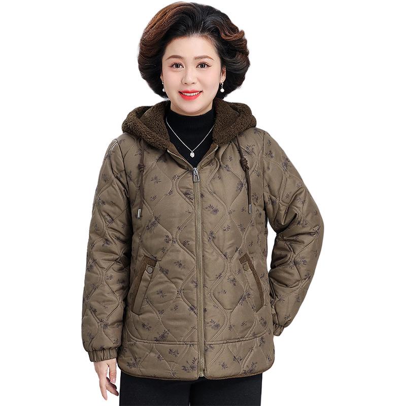 Stylish Plus Size Hooded Winter Coat for Middle-aged Women - Velvet Lined, Mid-length