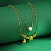 Elegant Green Gourd & Maple Leaf Double Layer Pearl Necklace