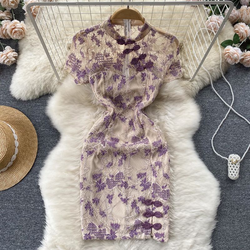 

Summer New Arrival Print Dress Short Sleeve Socialite Embroider Purple L