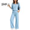 Women Gym Clothing Sweatshirt Pants 2-Piece Set, V-Neck Long Sleeve Top & Wide Lounge Sets Leg Trousers with Elastic Waist, Solid Color Matching