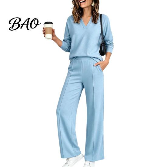 Women Gym Clothing Sweatshirt Pants 2-Piece Set, V-Neck Long Sleeve Top & Wide Lounge Sets Leg Trousers with Elastic Waist, Solid Color Matching