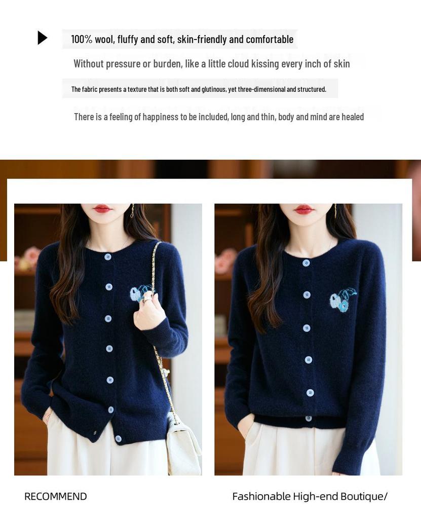 Cherry Embroidery Women's Wool Cardigan: Age-Reducing, Round Neck, Autumn/Winter Casual Knit Sweater Coat Design.